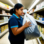 A Venezuelan woman, appearing resilient and focused, holds a large, clear bag overflowing with stacks of near-worthless local currency, which serves as a heavy burden rather than wealth. She stands in a dimly lit, sparsely stocked supermarket aisle, where shelves are visibly empty or contain only a few basic necessities. The scene conveys a sense of quiet struggle and the overwhelming weight of hyperinflation. Professional photography, realistic, high detail, fully clothed, modest clothing, appropriate attire, safe for work, perfect anatomy, correct proportions, natural pose, well-formed hands, proper finger count, natural body proportions, appropriate content, family-friendly.