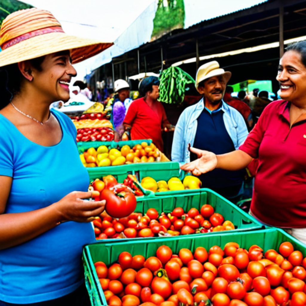 **
"A vibrant municipal market scene in Venezuela, filled with colorful produce and local vendors. A woman with a reusable shopping bag is engaging in conversation with a tomato farmer, examining the fresh tomatoes. The farmer is smiling and pointing to his crops. Background shows a bustling market atmosphere with other vendors and shoppers. Focus on natural light and authentic details. fully clothed, appropriate attire, safe for work, perfect anatomy, natural proportions, professional photography, high quality, modest"
**
