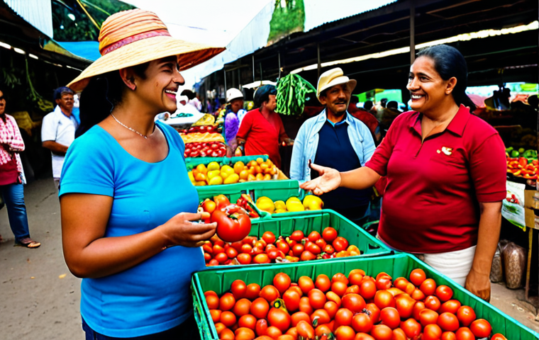 **
"A vibrant municipal market scene in Venezuela, filled with colorful produce and local vendors. A woman with a reusable shopping bag is engaging in conversation with a tomato farmer, examining the fresh tomatoes. The farmer is smiling and pointing to his crops. Background shows a bustling market atmosphere with other vendors and shoppers. Focus on natural light and authentic details. fully clothed, appropriate attire, safe for work, perfect anatomy, natural proportions, professional photography, high quality, modest"
**