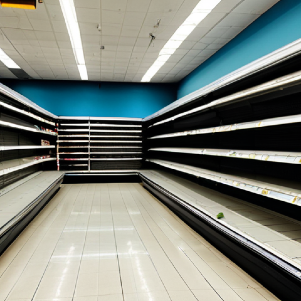 Empty Supermarket Shelves**
"An empty supermarket aisle in Venezuela, shelves sparsely stocked with basic goods, fully clothed shoppers with concerned expressions, modest clothing, appropriate content, safe for work, realistic photography, perfect anatomy, natural proportions, illustrating scarcity and the impact of economic hardship, professional."
**