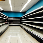 Empty Supermarket Shelves**
"An empty supermarket aisle in Venezuela, shelves sparsely stocked with basic goods, fully clothed shoppers with concerned expressions, modest clothing, appropriate content, safe for work, realistic photography, perfect anatomy, natural proportions, illustrating scarcity and the impact of economic hardship, professional."
**