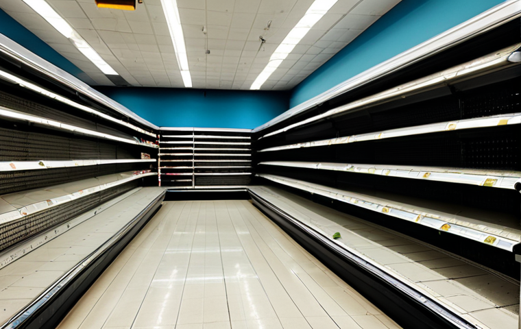 Empty Supermarket Shelves**
"An empty supermarket aisle in Venezuela, shelves sparsely stocked with basic goods, fully clothed shoppers with concerned expressions, modest clothing, appropriate content, safe for work, realistic photography, perfect anatomy, natural proportions, illustrating scarcity and the impact of economic hardship, professional."
**